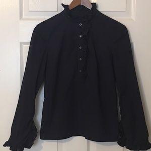 Navy Tory Burch Cotton Stretch Ruffled Shirt
